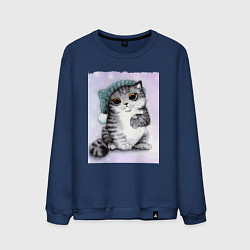Свитшот хлопковый мужской Новогодний котёнок, цвет: тёмно-синий