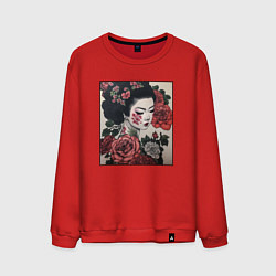 Свитшот хлопковый мужской Irezumi - гейша в розах, цвет: красный