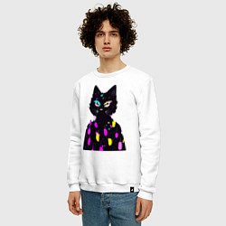Свитшот хлопковый мужской Котяра в модном свитере - неон, цвет: белый — фото 2