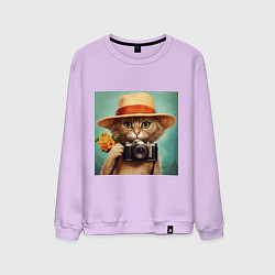 Свитшот хлопковый мужской Кот в соломенной шляпе с фотоаппаратом, цвет: лаванда