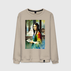 Мужской свитшот Мона Лиза в библиотеке - нейросеть - акварель