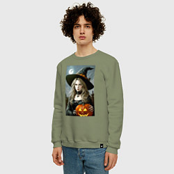 Свитшот хлопковый мужской Прекрасная ведьма с тыквой - хэллоуин, цвет: авокадо — фото 2