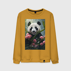 Свитшот хлопковый мужской Панда в цветах под дождём - нейросеть, цвет: горчичный