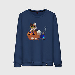 Свитшот хлопковый мужской Кошка с Тыквой, цвет: тёмно-синий