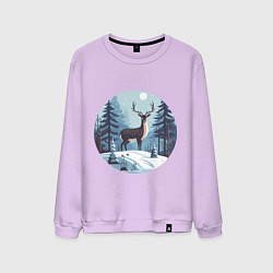 Свитшот хлопковый мужской Зимняя сказка олень в лесу, цвет: лаванда