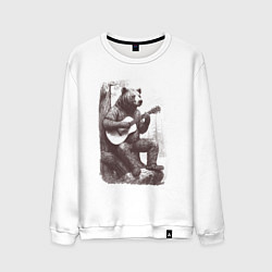 Свитшот хлопковый мужской Медведь в лесу играет на акустической гитаре, цвет: белый