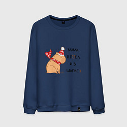 Свитшот хлопковый мужской Мем капибара в шапочке: мама я поел и в шапке, цвет: тёмно-синий