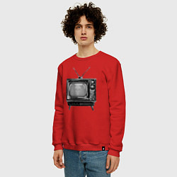Свитшот хлопковый мужской Старый телевизор черно-белый шум и череп, цвет: красный — фото 2
