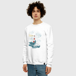 Свитшот хлопковый мужской Маяк и волны - акварель, цвет: белый — фото 2