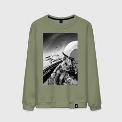 Свитшот хлопковый мужской Ванпанчмен Сайтама на крыле самолета, цвет: авокадо