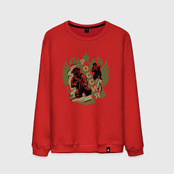 Свитшот хлопковый мужской Герб России и воины на оливковом фоне, цвет: красный
