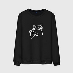 Свитшот хлопковый мужской Мемный забавный кот грустит возле бокала вина, цвет: черный