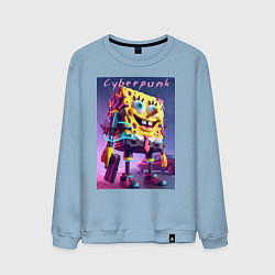 Свитшот хлопковый мужской Sponge Bob with a pistol - cyberpunk ai art, цвет: мягкое небо
