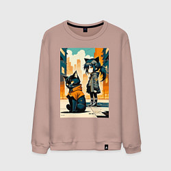 Мужской свитшот Кот и девочка гуляют на своём районе - нейросеть