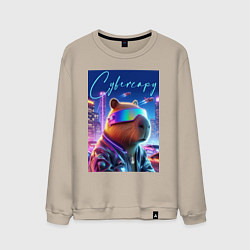 Свитшот хлопковый мужской Cyber capybara - neon metropolis, цвет: миндальный