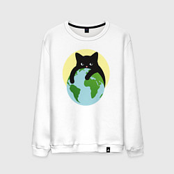 Свитшот хлопковый мужской Котик, обнимающий землю в космосе, цвет: белый
