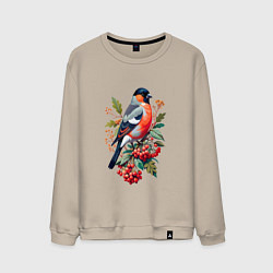 Свитшот хлопковый мужской Снегирь не ветке красной рябины, цвет: миндальный