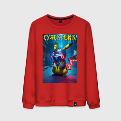 Свитшот хлопковый мужской Cyberpunk - cool Pikachu neon glow, цвет: красный