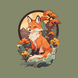 Свитшот хлопковый мужской Лиса в японском стиле на фоне гор, цвет: авокадо — фото 2