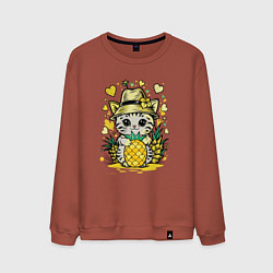 Свитшот хлопковый мужской Котик с ананасами, цвет: кирпичный