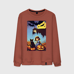Свитшот хлопковый мужской Ведьма зависла над девочкой и котом, цвет: кирпичный