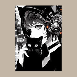 Свитшот хлопковый мужской Girl with black kitten anime - cyberpunk, цвет: миндальный — фото 2