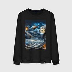 Свитшот хлопковый мужской Психоделический пейзаж с часами и рыбой, цвет: черный