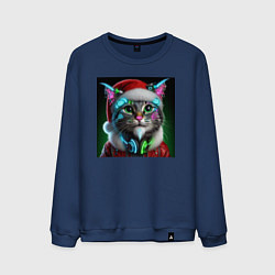 Свитшот хлопковый мужской Новогодний кибер котик - нейроарт, цвет: тёмно-синий