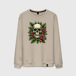 Свитшот хлопковый мужской Череп в зеленых листьях и красных розах, цвет: миндальный
