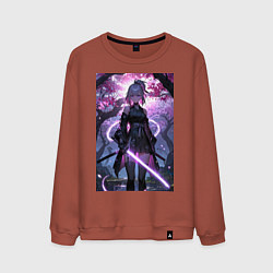 Свитшот хлопковый мужской Девушка с катаной на фоне цветущей сакуры, цвет: кирпичный