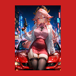 Свитшот хлопковый мужской Яэ Мико Genshin Impact на капоте с револьвером, цвет: красный — фото 2