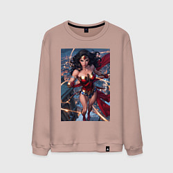 Свитшот хлопковый мужской Чудо-женщина на крыше с городским фоном в стиле ко, цвет: пыльно-розовый