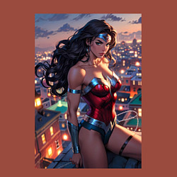 Свитшот хлопковый мужской Чудо-женщина на крыше с городским фоном в стиле ко, цвет: кирпичный — фото 2