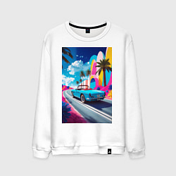 Свитшот хлопковый мужской Кабриолет едет по тропическому острову, цвет: белый