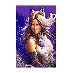 Свитшот хлопковый мужской Девушка-лиса с лисёнком нейроарт, цвет: белый — фото 2