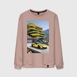 Свитшот хлопковый мужской Желтый суперкар у дома, цвет: пыльно-розовый