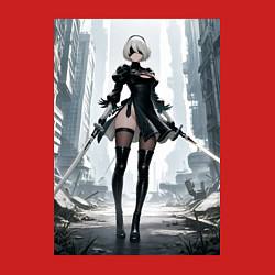 Свитшот хлопковый мужской Девушка-андроид с катанами посреди руин, цвет: красный — фото 2