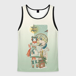 Майка-безрукавка мужская Девушка кимоно зима Япония кот, цвет: 3D-черный