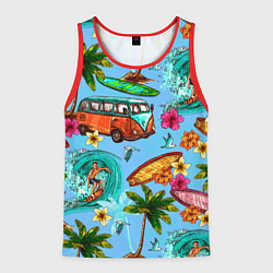 Майка-безрукавка мужская Пальмы, волны, серфинг, цвет: 3D-красный
