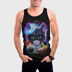 Майка-безрукавка мужская Космический котик и планеты, цвет: 3D-черный — фото 2
