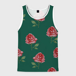 Майка-безрукавка мужская Ярко красные розы на темно-зеленом фоне, цвет: 3D-белый