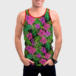 Майка-безрукавка мужская Тропические листья и цветы на черном фоне, цвет: 3D-красный — фото 2