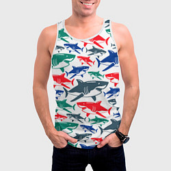 Майка-безрукавка мужская Стая разноцветных акул - паттерн, цвет: 3D-белый — фото 2