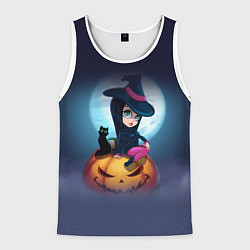 Майка-безрукавка мужская Маленькая прикольная ведьмочка с милым котёнком, цвет: 3D-белый