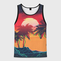 Майка-безрукавка мужская Пальмы и пляж на закате с помехами VHS ретро дизай, цвет: 3D-черный
