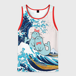 Майка-безрукавка мужская Влюбленные тюлени у большой волны Канагава, цвет: 3D-красный