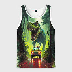 Майка-безрукавка мужская Динозавр в погоне за машиной в джунглях, цвет: 3D-белый
