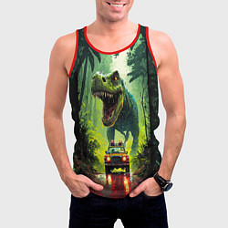 Майка-безрукавка мужская Динозавр в погоне за машиной в джунглях, цвет: 3D-красный — фото 2