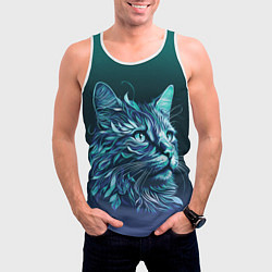 Майка-безрукавка мужская Неоновый кот: фиолетовые и бирюзовые линии, цвет: 3D-белый — фото 2