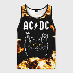 Майка-безрукавка мужская AC DC рок кот и огонь, цвет: 3D-черный
